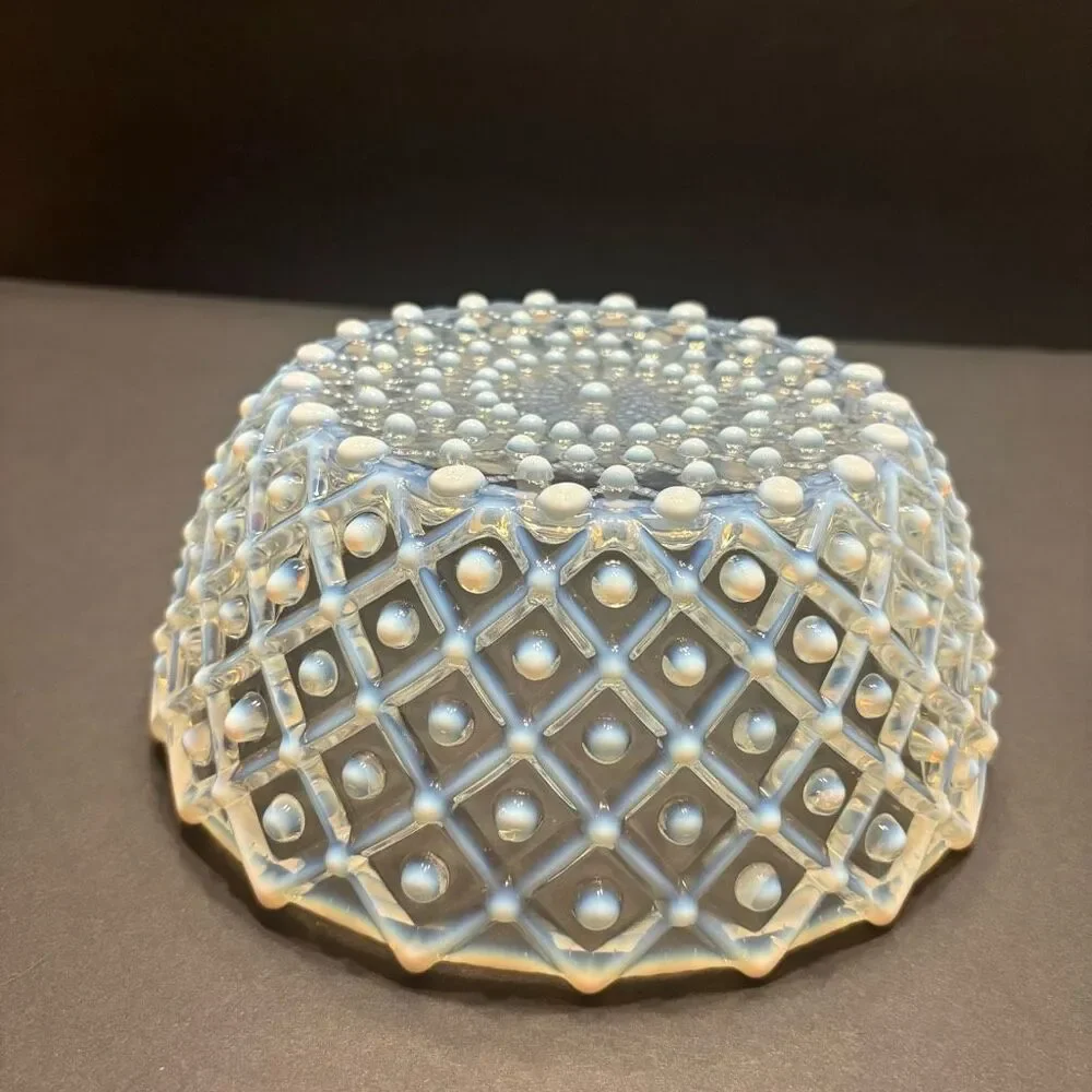 Rare Vintage Antique Aetna Glass Co. 1887 Hobnail Square Bowl White Opalescent